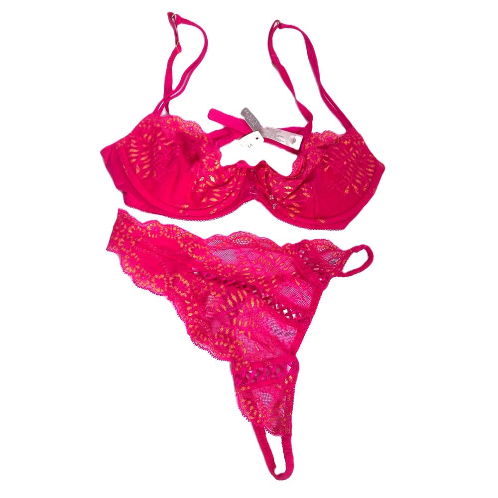 Victorias Secret Y2K Unlined Demi 36B & Thong Large Pink Gold Crystal Lace Set
